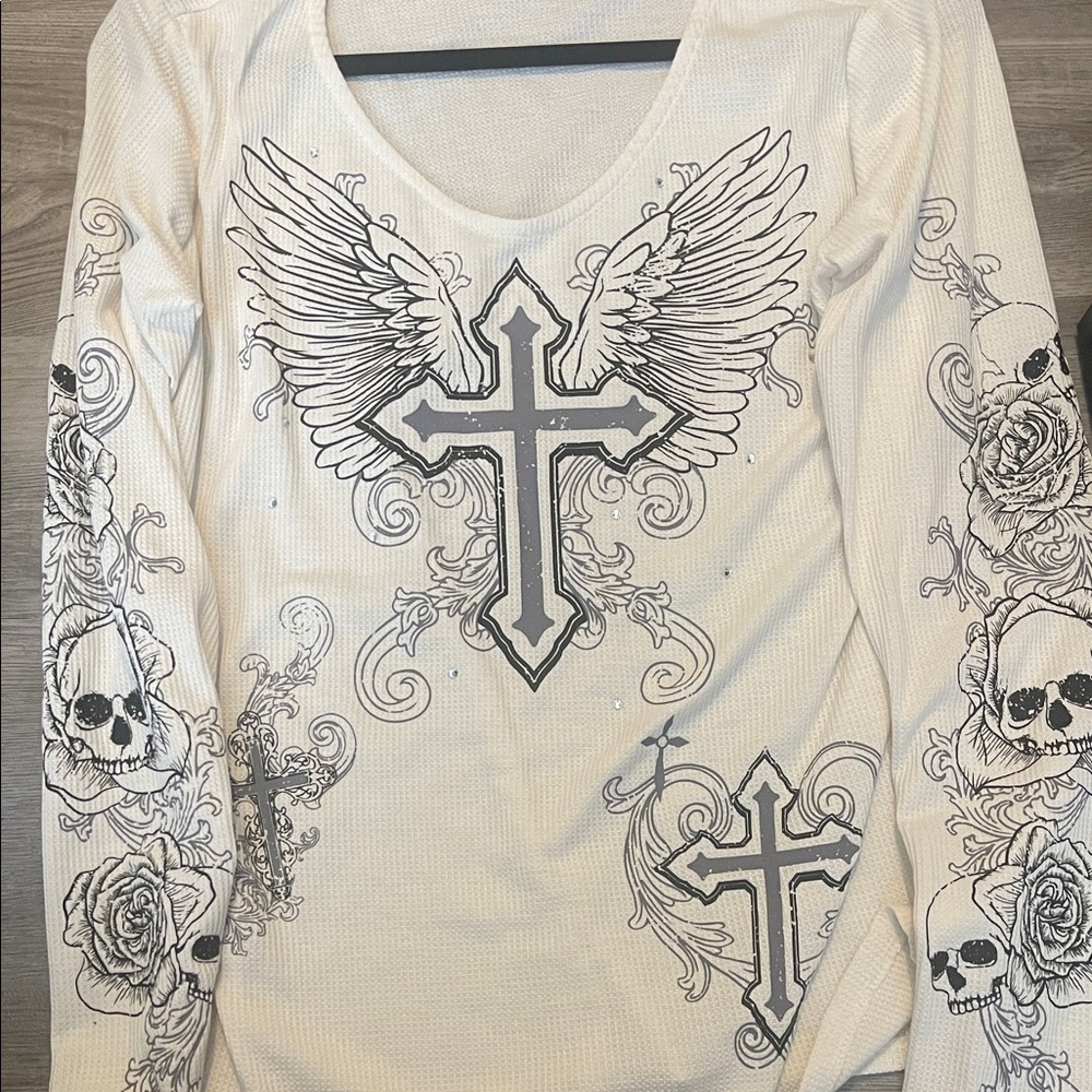White Top with Cross and Skull Design